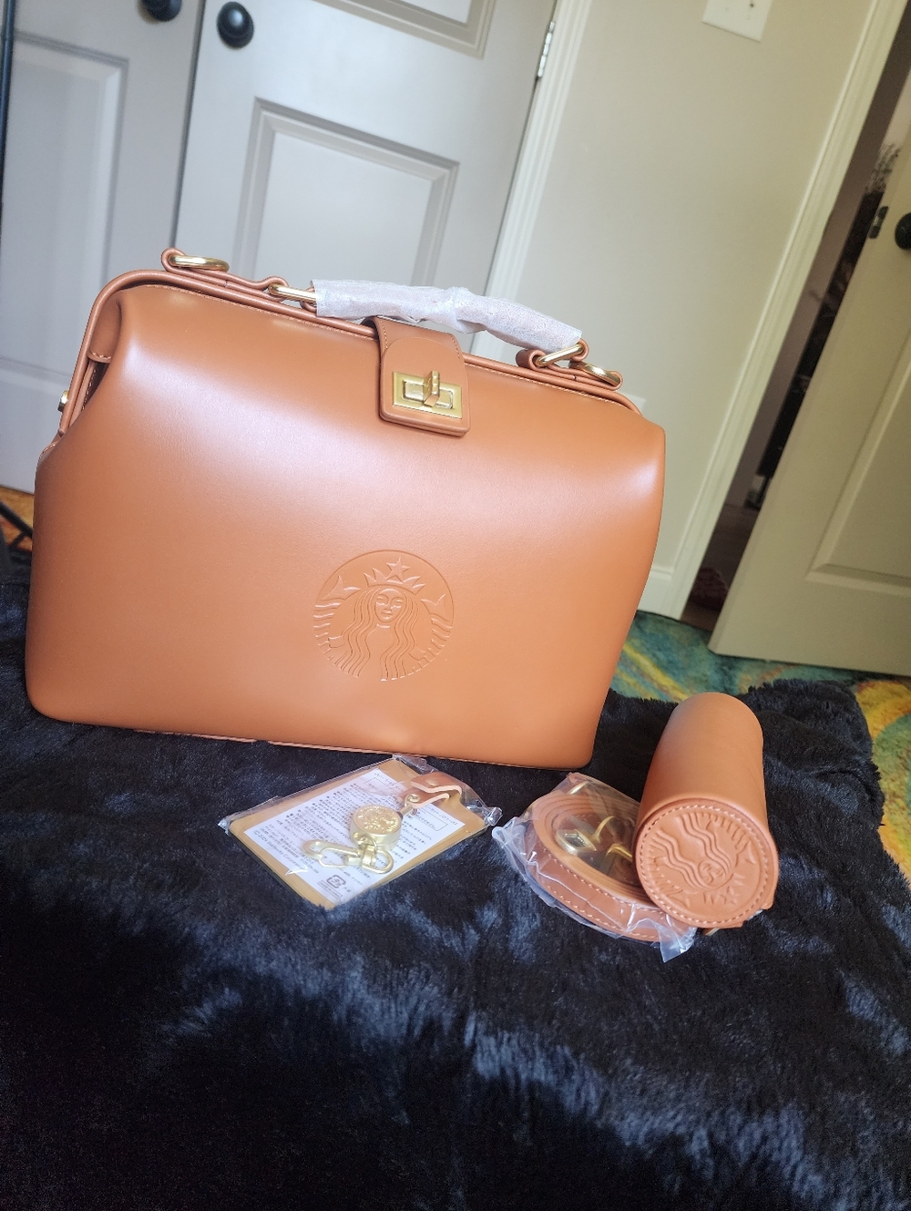 Starbucks Tan Leather Handbag with Gold Hardware